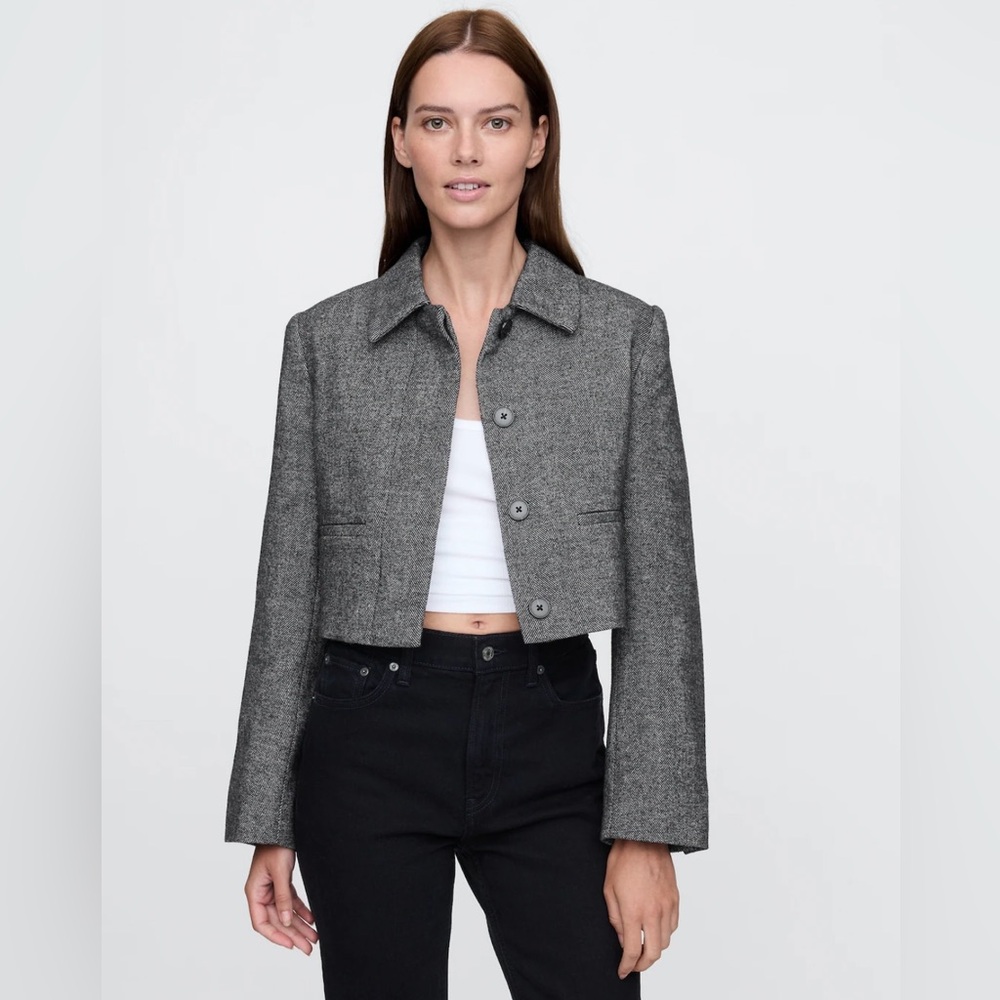 NWOT TALL GAP Wool Blend Herringbone Cropped Jacket size M Tall